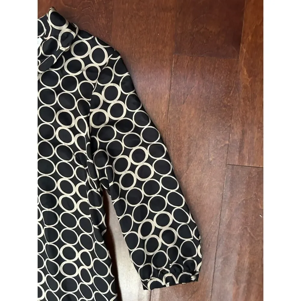 J. Crew 100% Silk Retro 60s Black Shift Dress with Beige Circle Print, Size 6